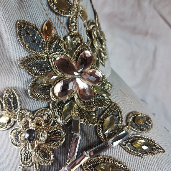 Natalie Mills Flora Rhinestone Baseball Cap Women's Hat Gray Distressed Denim - Picture 10 of 12